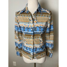 Vintage 70s JH Collectibles Floral Dagger Collar Blouse Blue Brown Orange picture