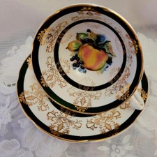 VTG Royal Grafton Tea + Saucer Green gold w/ fruits England. Like New picture