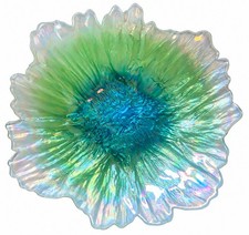 Vintage Pier 1 14.5” Iridescent Blue Green Art Glass Flower Centerpiece Bowl picture