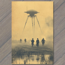 POSTCARD Alien Tripod Foggy Battlefield Retro War Invasion Marsh Walkers picture