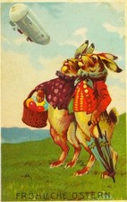 RARE FABULOUS FANTASY 1909 Zeppelin Dressed Rabbit Easter Eggs Germany Berlin picture
