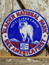 VINTAGE GLACIER NATIONAL PARK PORCELAIN SIGN OLD GREAT NORTHERN RAILWAY TRAIN 12 picture