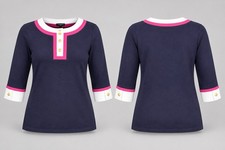 Talbots Women’s S Cotton Knit Colorblock Tunic Top Crew Neck Short Sleeve Button picture