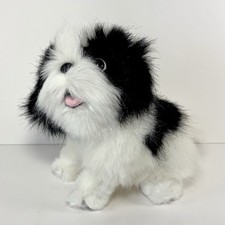Vintage Russ Berrie Black And White Puppy Dog Plush 8” Open Mouth Stuffed Animal picture