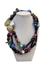 Vintage 80s 90s Triple Strand Statement Necklace Colorful Beads Gold Tone 18” picture