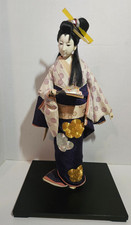 Vintage Japanese Ningyo Doll Silk Kimono Gofun Face 21in Lacquer Base picture