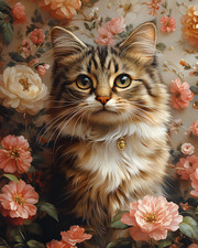 Golden-Eyed Tabby Kitten Among Peach and Cream Blossoms Print - 241722100 picture