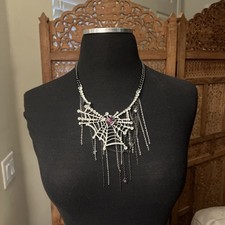 Betsey Johnson Spider Web Necklace Spooky Halloween Crystals NEW HTF Statement picture