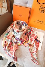 HERMES Silk Scarf Multicolor Nature Print Red Border Square Shawl 140x140cm picture