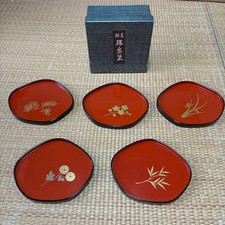 Wajima Lacquer Makie Small Plates Set of 5 Red Gold Wood Japanese 15.7 cm picture