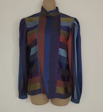Vtg Regina Porter High Neck, Pleated Sleeve Blouse Bold Strips Size 10 picture