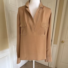 J.Crew 100% Silk Utility Blouse Women’s L Camel Tan Pocket Popover Shirt picture