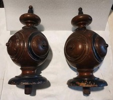 2 Spectacular Ornate Vtg Antique Wood Wooden Newel Post Cap Finials picture