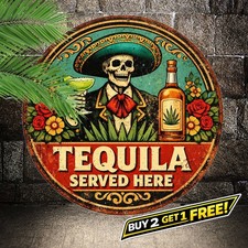 Tequila Served Here 8x8 Round Aluminum Wall Art Vintage Bar Tin Metal Sign picture