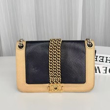 Auth Chanel LeBoy Black Gold Chevron Calfskin Chain Shoulder Crossbody Flap Bag picture