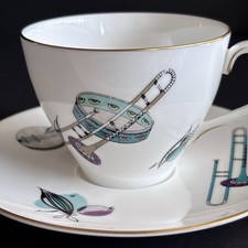 Vintage 1960s Musician Teacup & Saucer Banjo Harp Royal Worcester England FIESTA picture
