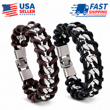 Men's Genuine Leather Cuff Bracelet Braided Chain Magnetic Clasp Wristband Gift picture