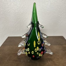 Vintage Glass  Murano Millefiori Heavy Green Christmas Tree Figurine 8 1/2” Tall picture