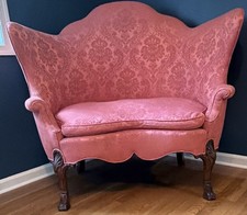 Antique Red Damask Wingback Settee Loveseat Rolled Arms Wood Legs 50x34 picture