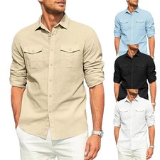 Men’s Cotton Linen Double Pocket Shirt Breathable Casual Smart Fit Holiday Gift picture