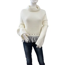 Lulus Ivory Knit Turtleneck Sweater Fringe Hem Bell Sleeve Cute Chic Small picture