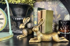 TWO Antique Gold Bunny Rabbit Bookends Vintage Style Shelf Sitter Decor Figurine picture