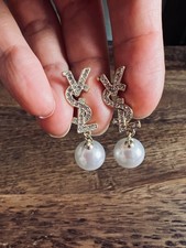 Vintage YSL-style statement earrings with logo in pre-owned condition picture