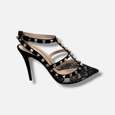Valentino Garavani Women's Black Rockstud Lace Ankle-Strap Pumps Size EU:39 US:9 picture