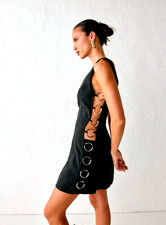 BLACK MINI DRESS VRG GIRL SILVER O-RINGS CUT OUT Retro 90s Boho Mod SeXy NWT XS picture
