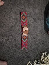 Vintage 70s Seed Bead Belt Carved Wood Interlocking Clasp Stretch BOHO red picture