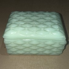 Rare Vintage Fenton Jadeite Green Milk Glass Quilt Box Signed Fenton picture
