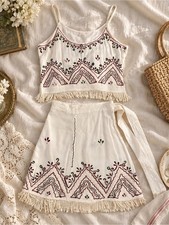 Vintage Shoreline Embroidered 2 Piece Skirt Top Set Fringe Boho NWT picture