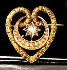 Gorgeous Antique 14K Gold Celestial & Sentimental Heart Moon & Star Pin, FAB picture