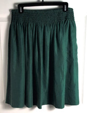 Talbots SZ M 100% Silk Smocked Elastic Waist Knee Skirt Emerald Green Pockets picture