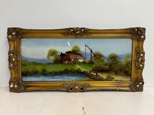 Antique Reverse Painted Glass Cottage By the Lake Framed picture