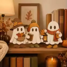Wooden Ghost Decor Set of 3 Fall Halloween Shelf Sitters Rustic Autumn Decor picture