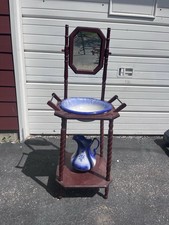 Antique Wash Basin with Wood Stand and Mirror Porcelain Bowl And Pitcher picture