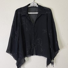 Vtg Black Sheer Chiffon Frog Button Glitter Floral Bell Sleeve Blouse Whimsigoth picture