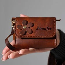 Personalized Genuine Leather Women Wallet with Flower, Wristlet BROWN picture