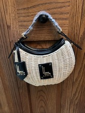 LOULU Crescent Woven Shoulder Bag Beige/Black Adjustable Strap Logo Charm picture