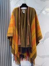 HERMES Striped Cashmere Poncho Cape Mustard Brown Fringe Shawl picture
