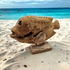 Kinaree Teak Solid Wood Fish Sculpture Root Wood Angler Decor Statue Stand picture