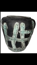 Fun Rare Vintage Raku Pottery Vase Signed Green Black picture