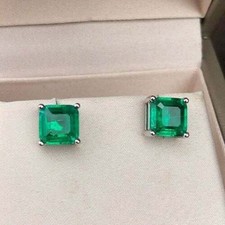 5.00 Ct Princess Cut Natural Emerald Earring 14k Solid White Gold Stud Earrings picture