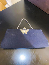 Vintage 1950s 1960s Black Satin Evening Clutch Bag Rhinestone Butterfly Clasp picture