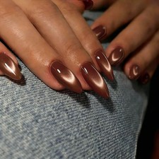 JOYVVEW Cat Eye Press on Nails Almond - Mocha Brown Press On Nails Stiletto, Gla picture