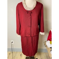 Vintage 1940's Red Ruffle Trim Skirt Suit Set 3/4 Sleeve Jacket Midi Skirts picture