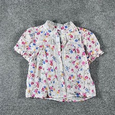 Gap NWT Women M Floral Lace Trim Blouse Puff Sleeve Button Front White Pink Top picture