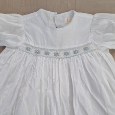 Petit Ami Girls Smocked Embroidered Puff Sleeve Dress 6-9M White/Blue picture