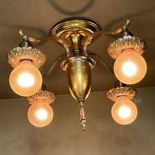 Vintage ORNATE 1920s Brass LOW Bare Bulb Flush Mount Chandelier  - RESTORED picture